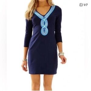 64 Lilly Pulitizer Navy V-Neck Shift Dress with Aquamarine Trim. SzL